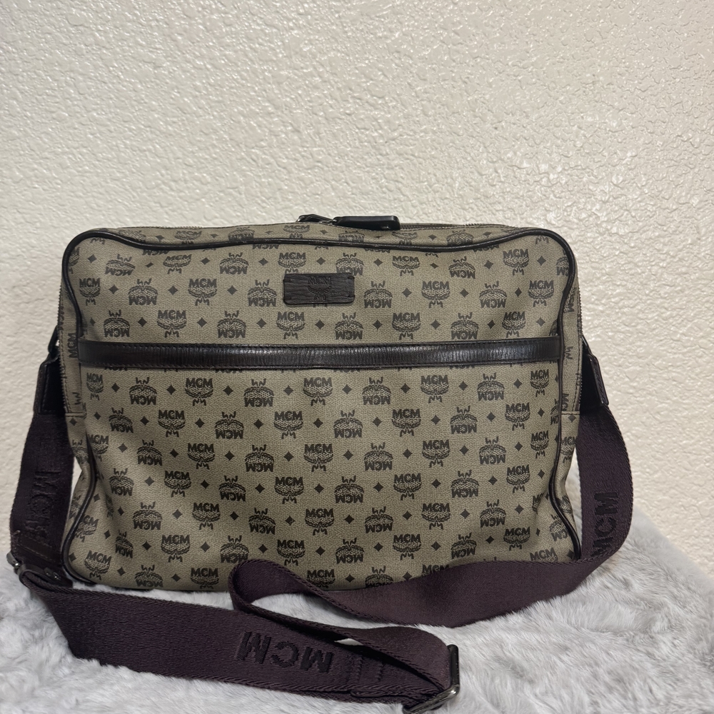 MCM Tan and Brown Logo Messenger Bag